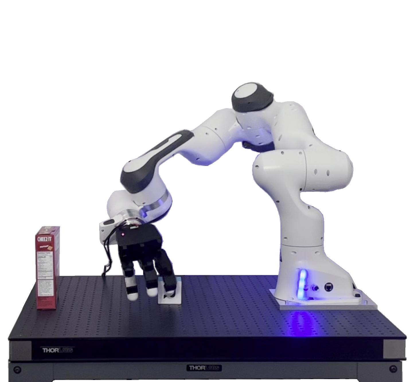 A robotic arm performing nut threading, with close-up of force-feedback adaptation